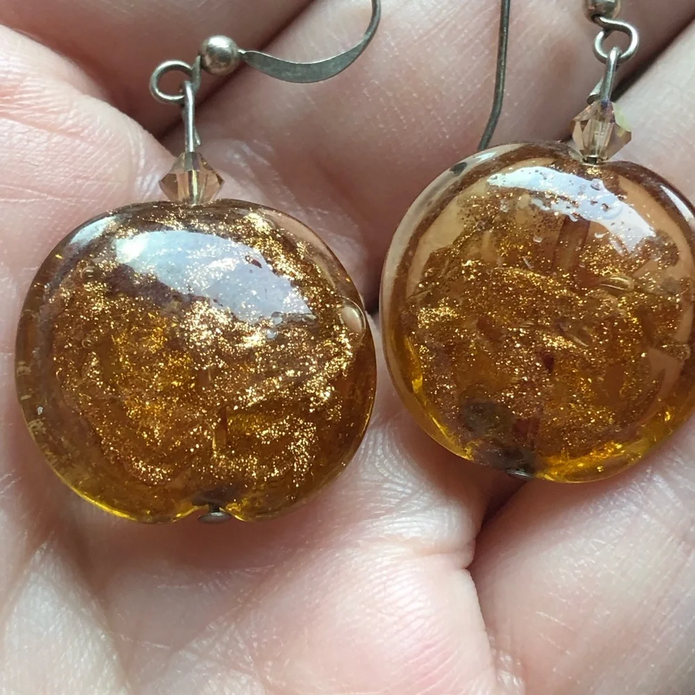 Vtg stamped 925 sterling silver & art glass copper mica dangle earrings Murano